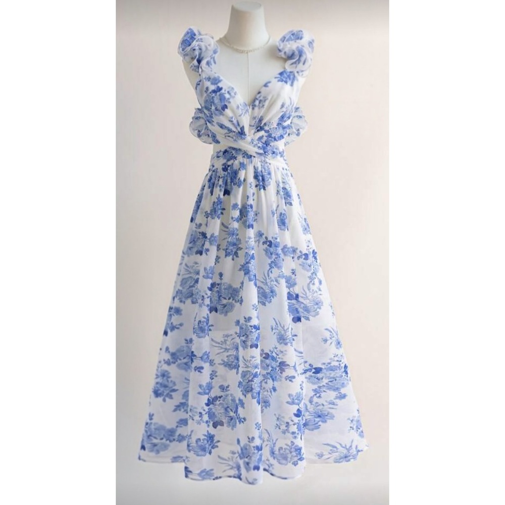 Shein Blue Floral Toile Chiffon Maxi Dress‎ Ruffle Lace Up Back Cottagecore